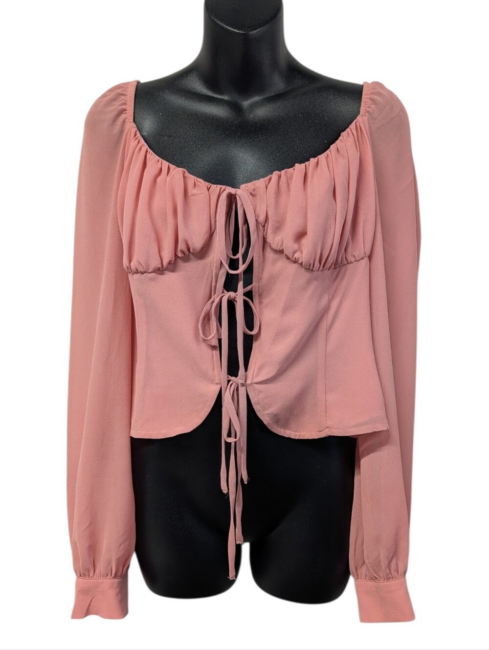 MAJORELLE Pink Chiffon Square Neck Puff Sleeve Tie Front Blouse Size L